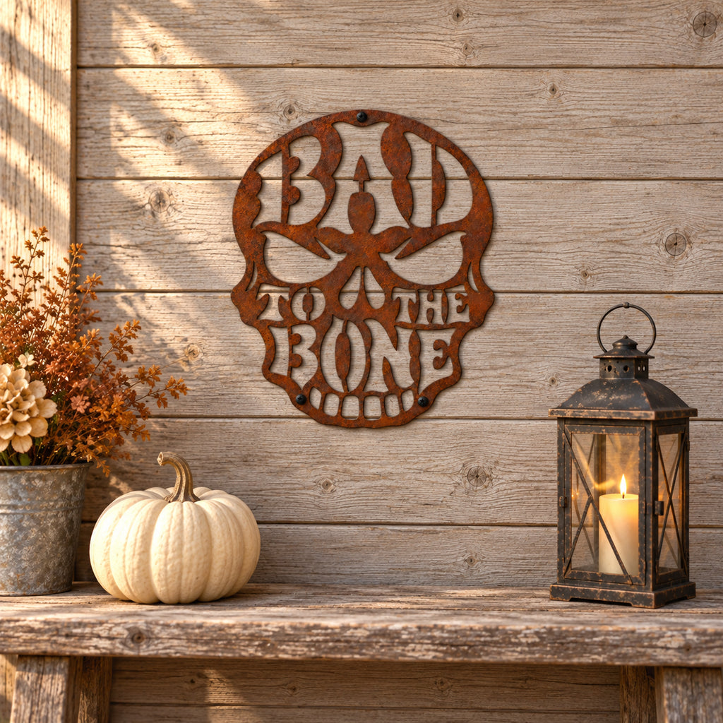 Rustic Metal Sign Halloween Skull "Bad to the Bone"