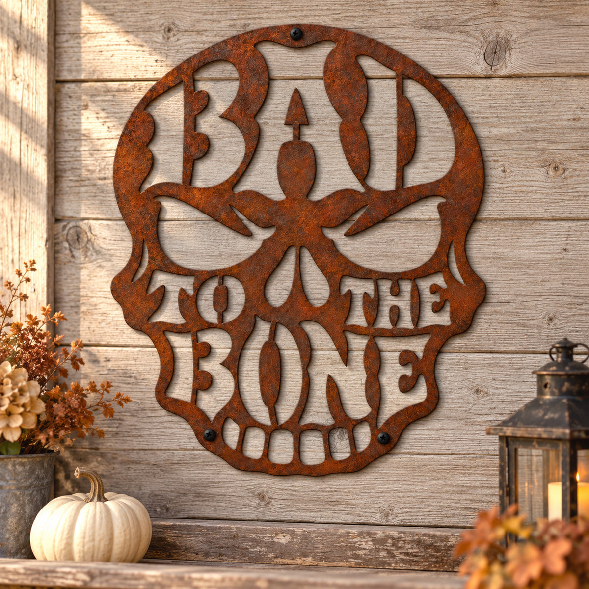 Rustic Metal Sign Halloween Skull "Bad to the Bone"