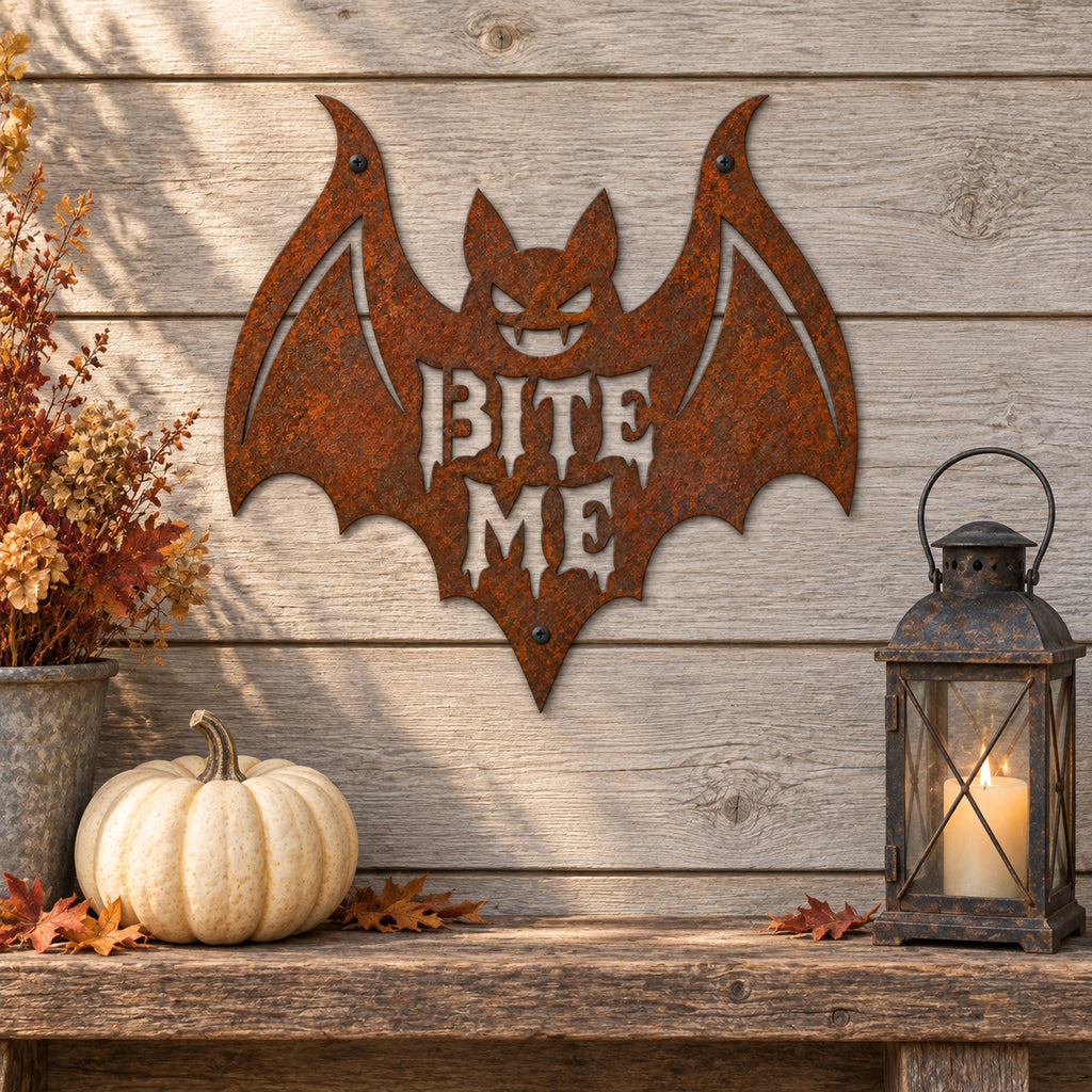 Rustic Metal Sign Bat "Bite Me" Halloween Sign
