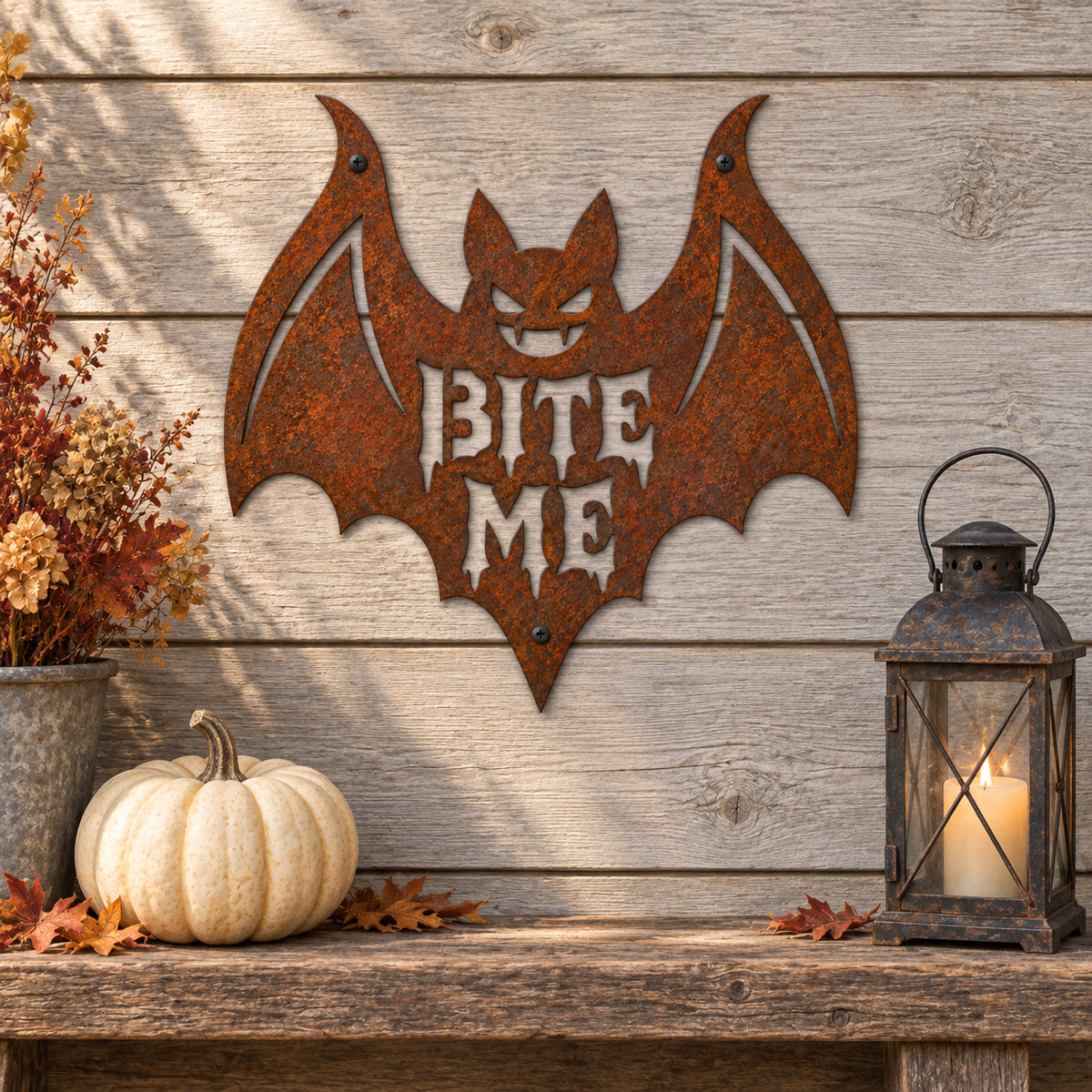 Rustic Metal Sign Bat "Bite Me" Halloween Sign