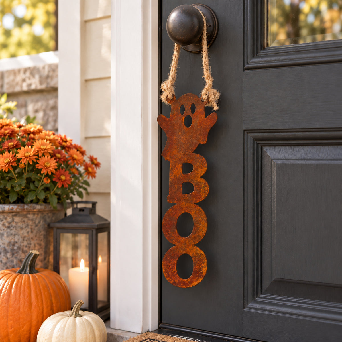 Rustic Metal Door Hanger "Boo" with 6" Jute String