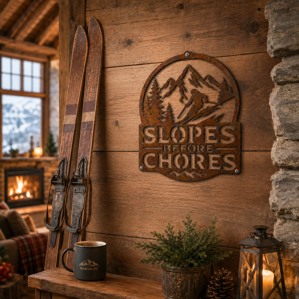 Rustic Metal Sign "Slopes Before Chores" with Skier