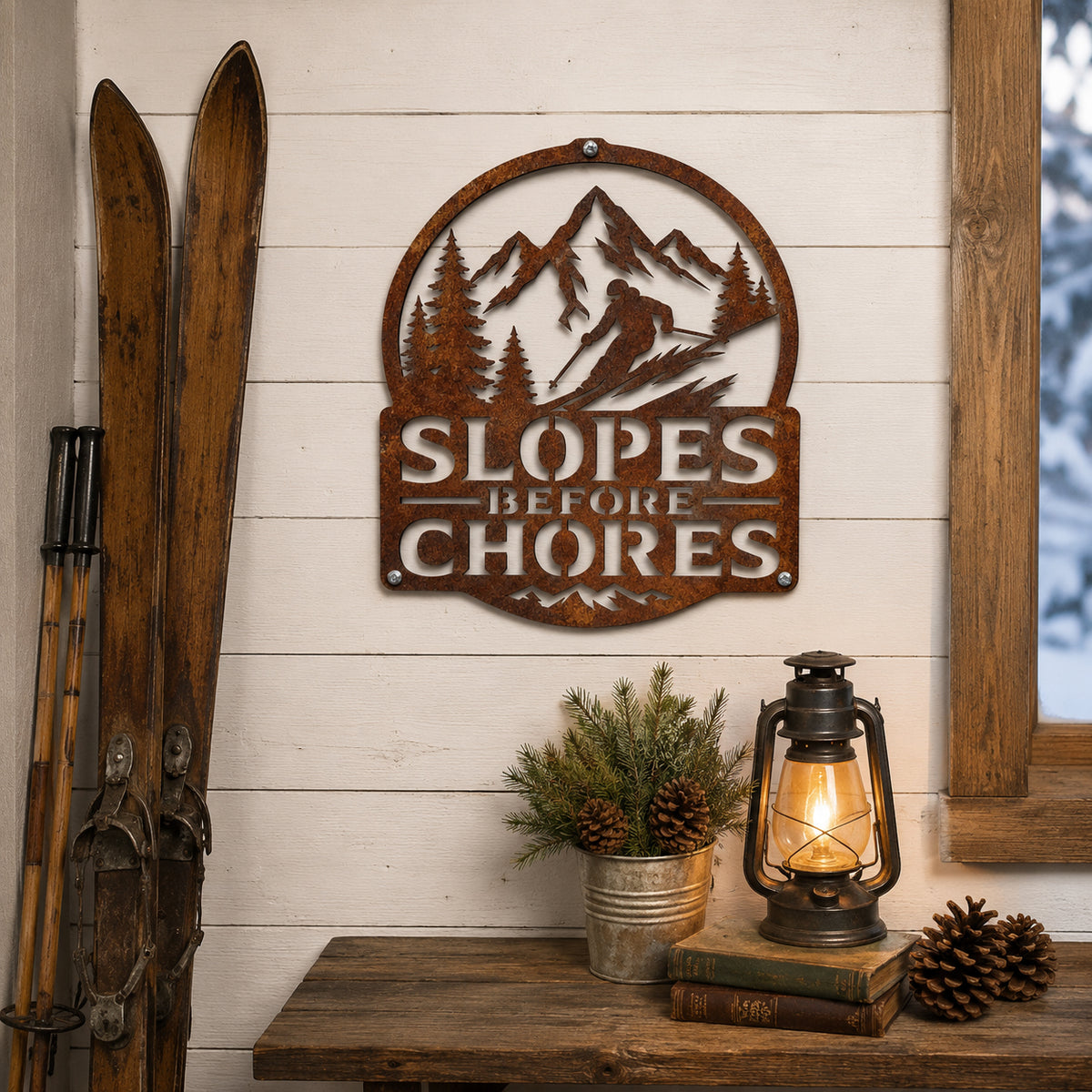 Rustic Metal Sign "Slopes Before Chores" with Skier