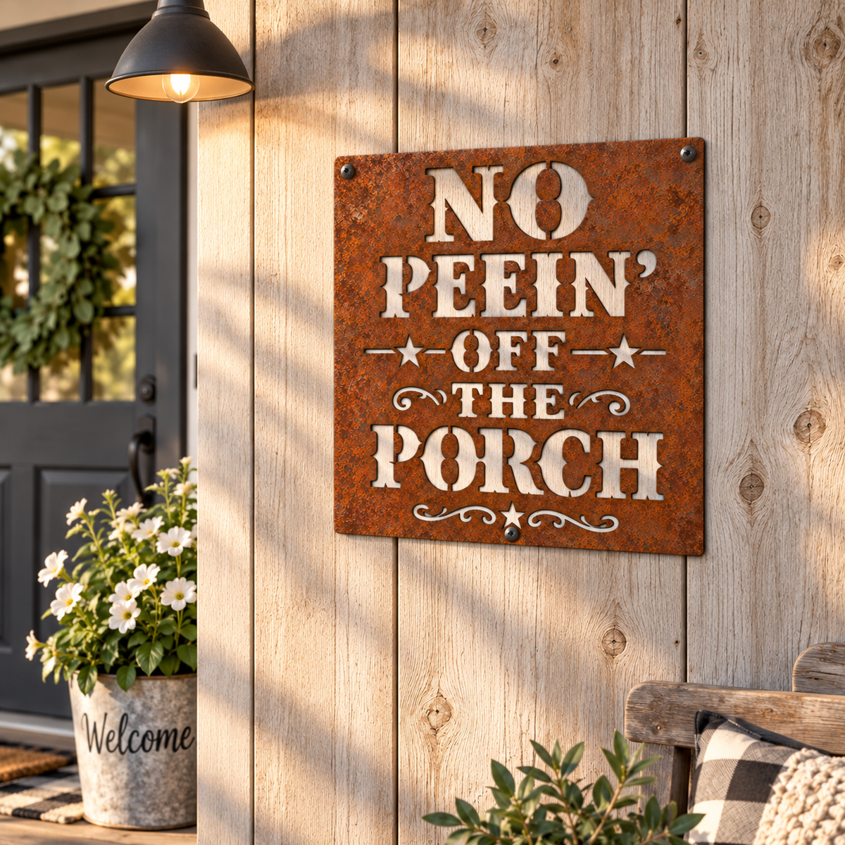 Rustic Metal Sign "No Peein’ Off the Porch"
