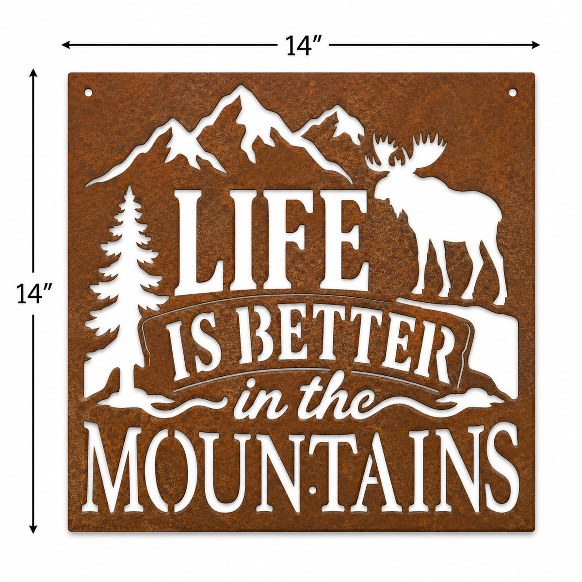 Rustic Metal Sign "Life Is Better in the Mountains" with Moose Mountains and Trees