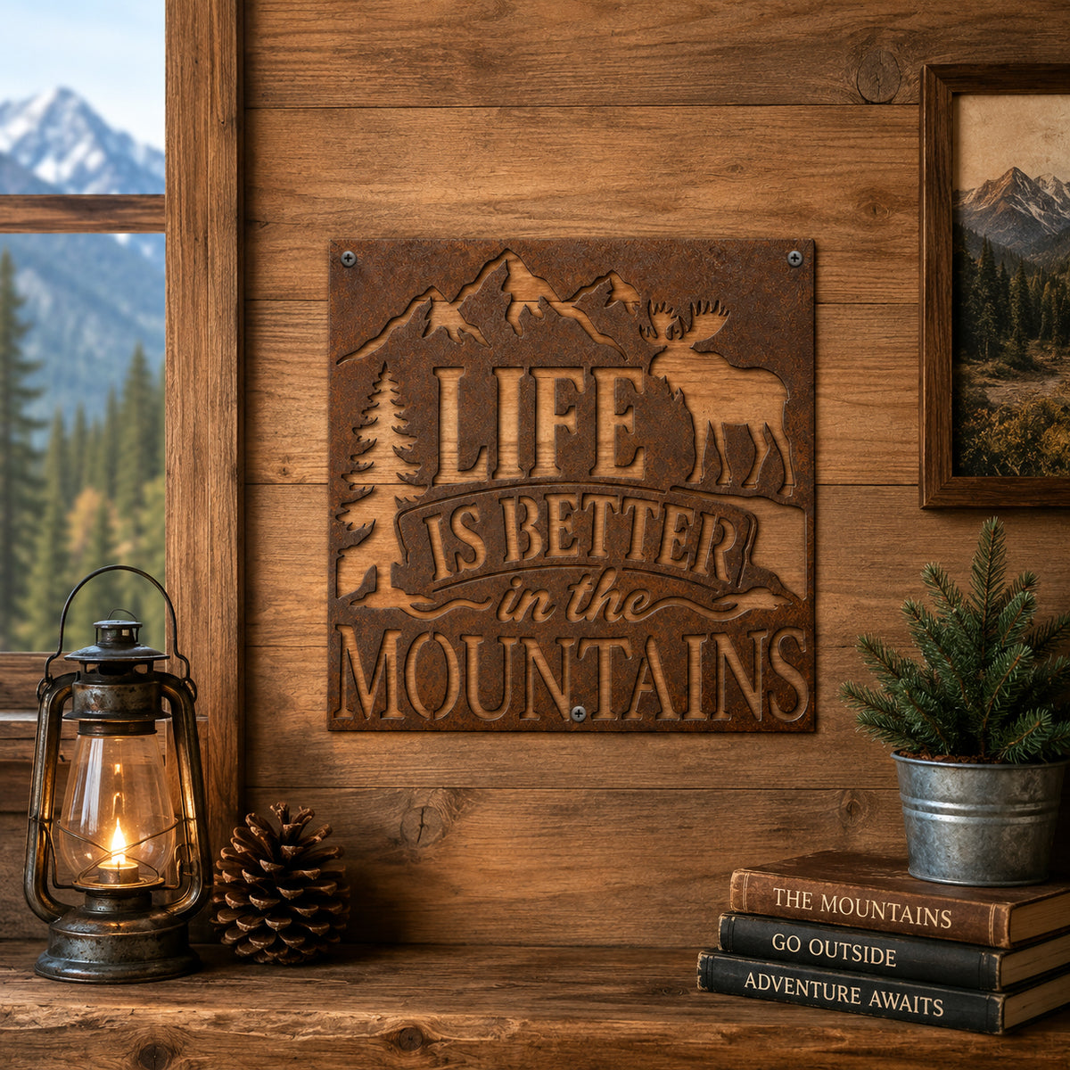 Rustic Metal Sign "Life Is Better in the Mountains" with Moose Mountains and Trees