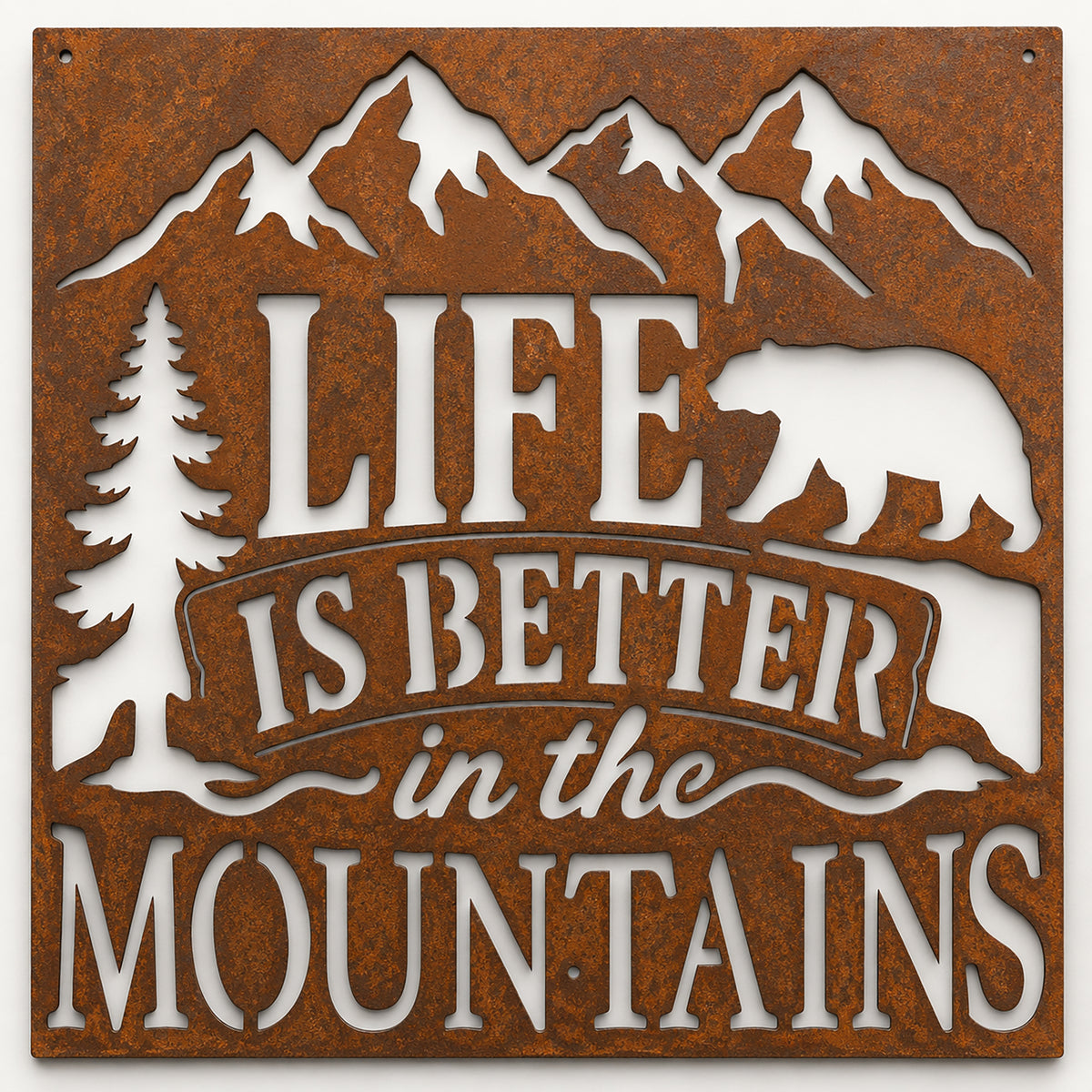 Rustic Metal Sign "Life Is Better In The Mountains" with Bear, Mountains and Trees
