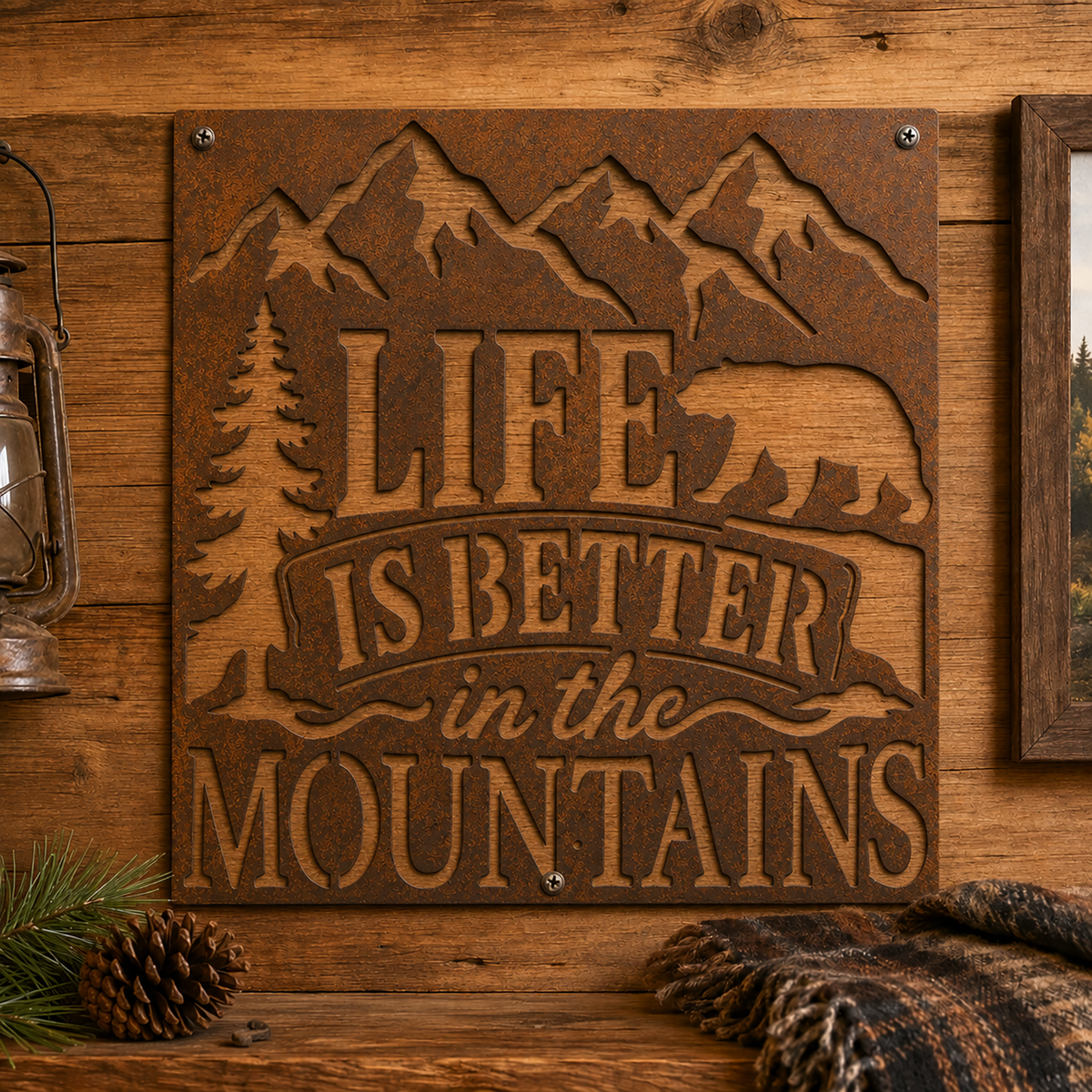Rustic Metal Sign "Life Is Better In The Mountains" with Bear, Mountains and Trees