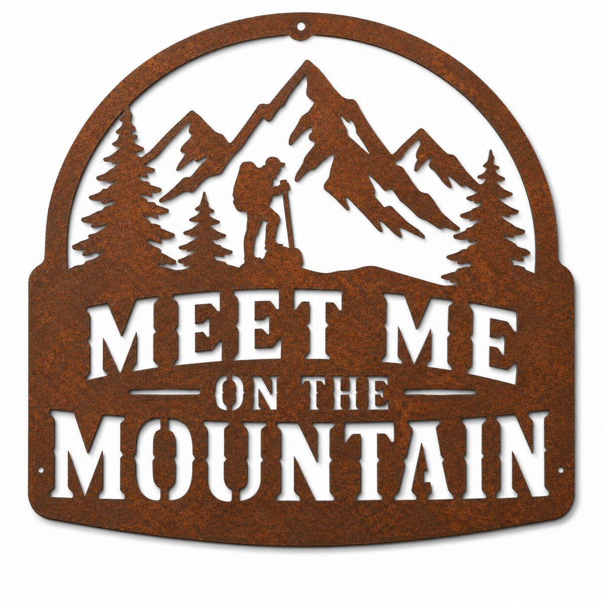 Rustic Metal Sign "Meet Me on the Mountain" with Hiker