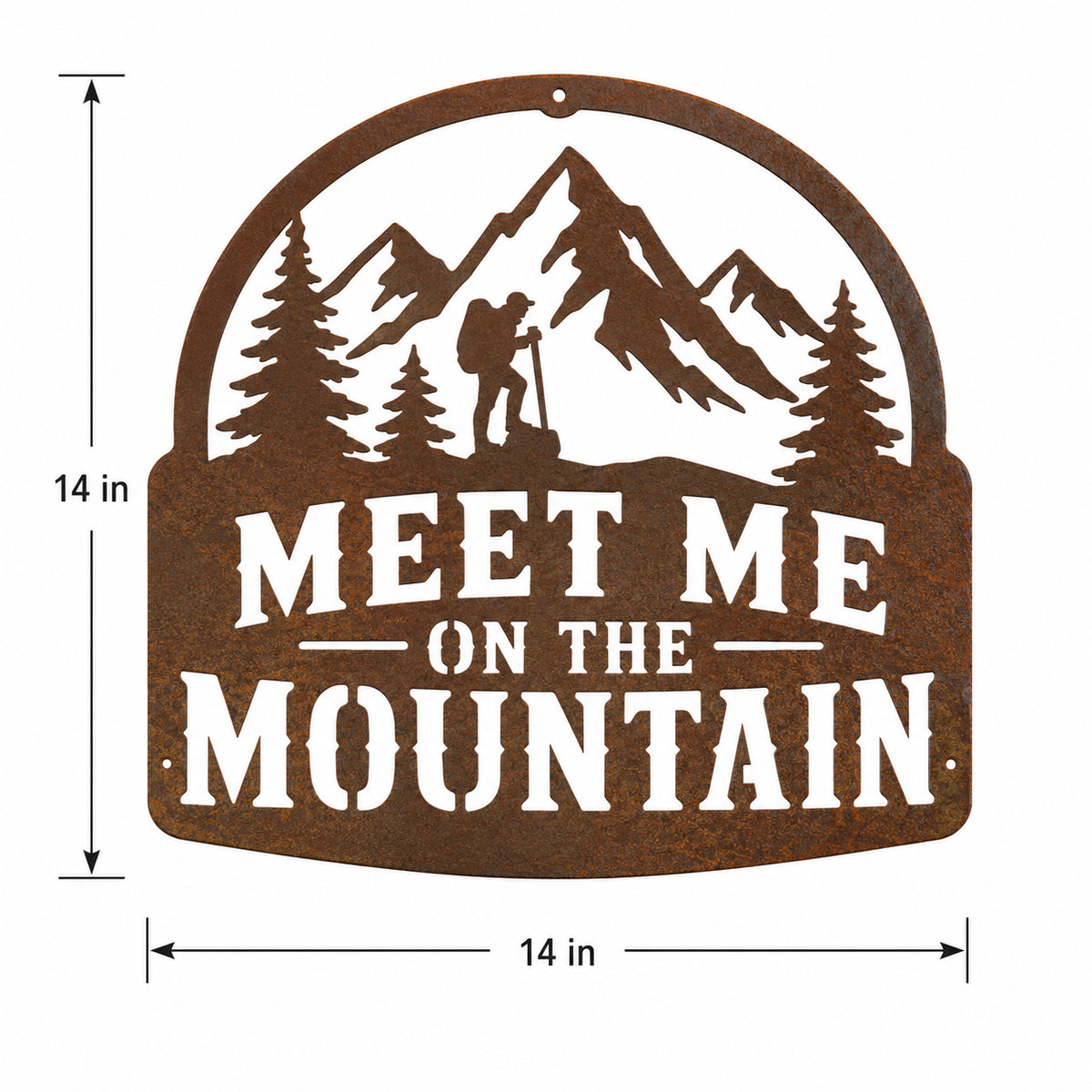 Rustic Metal Sign "Meet Me on the Mountain" with Hiker