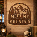 Rustic Metal Sign "Meet Me on the Mountain" with Hiker