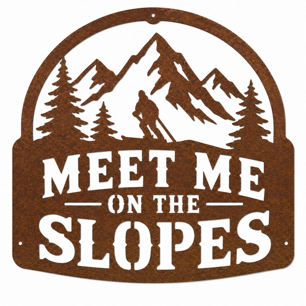 Rustic Metal Sign "Meet Me on the Slopes" with Skier, Mountains and Trees