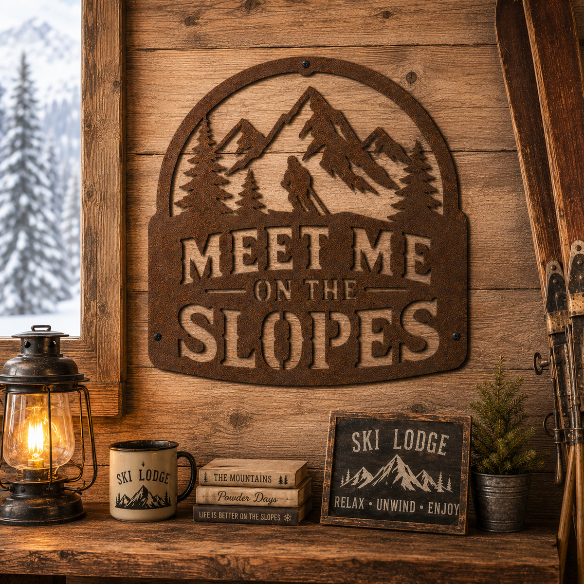 Rustic Metal Sign "Meet Me on the Slopes" with Skier, Mountains and Trees