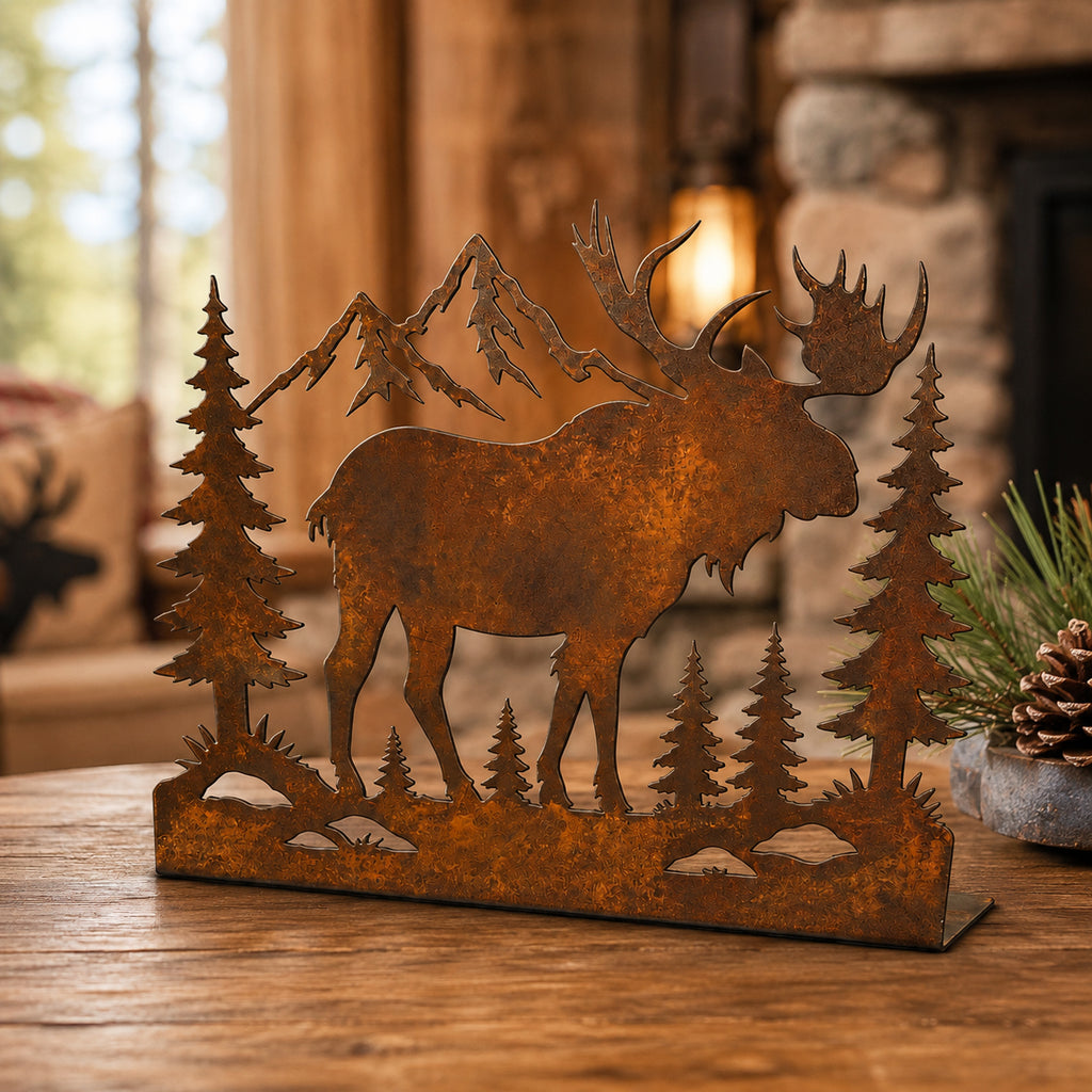 Rustic Moose Mountain Metal Standee – Cabin Wildlife Tabletop Decor