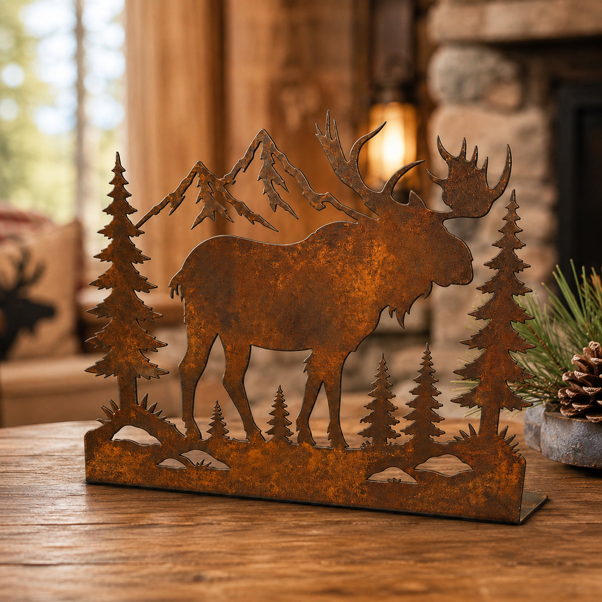 Rustic Moose Mountain Metal Standee – Cabin Wildlife Tabletop Decor
