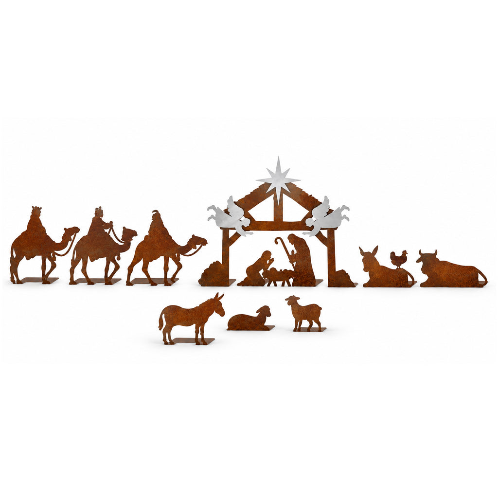 Rustic Metal Christmas Traditional Nativity Set with Riding Wisemen, Silver Angels & Star