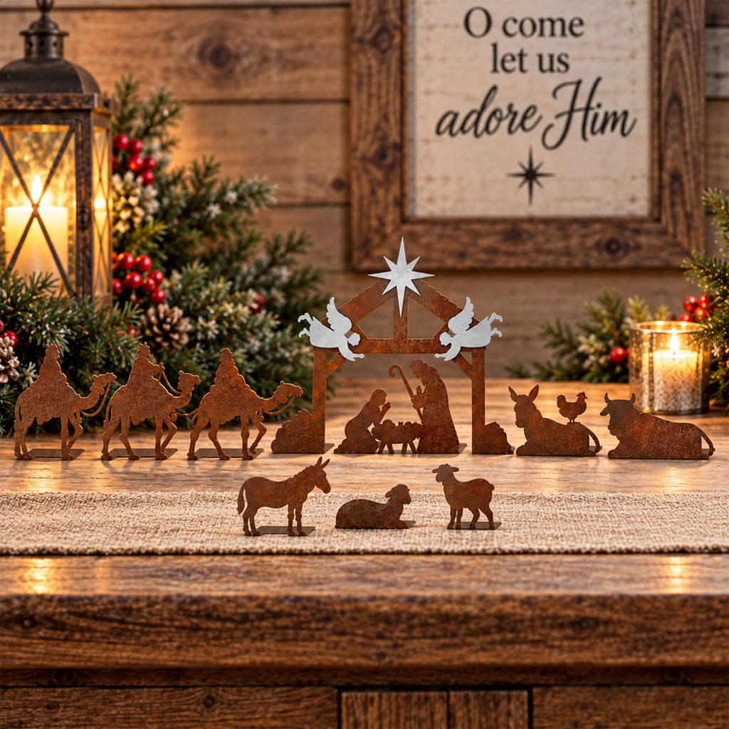 Rustic Metal Christmas Traditional Nativity Set with Riding Wisemen, Silver Angels & Star