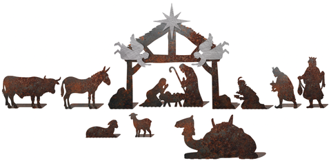Rustic Metal Christmas Traditional Nativity Set with Silver Angels & Star