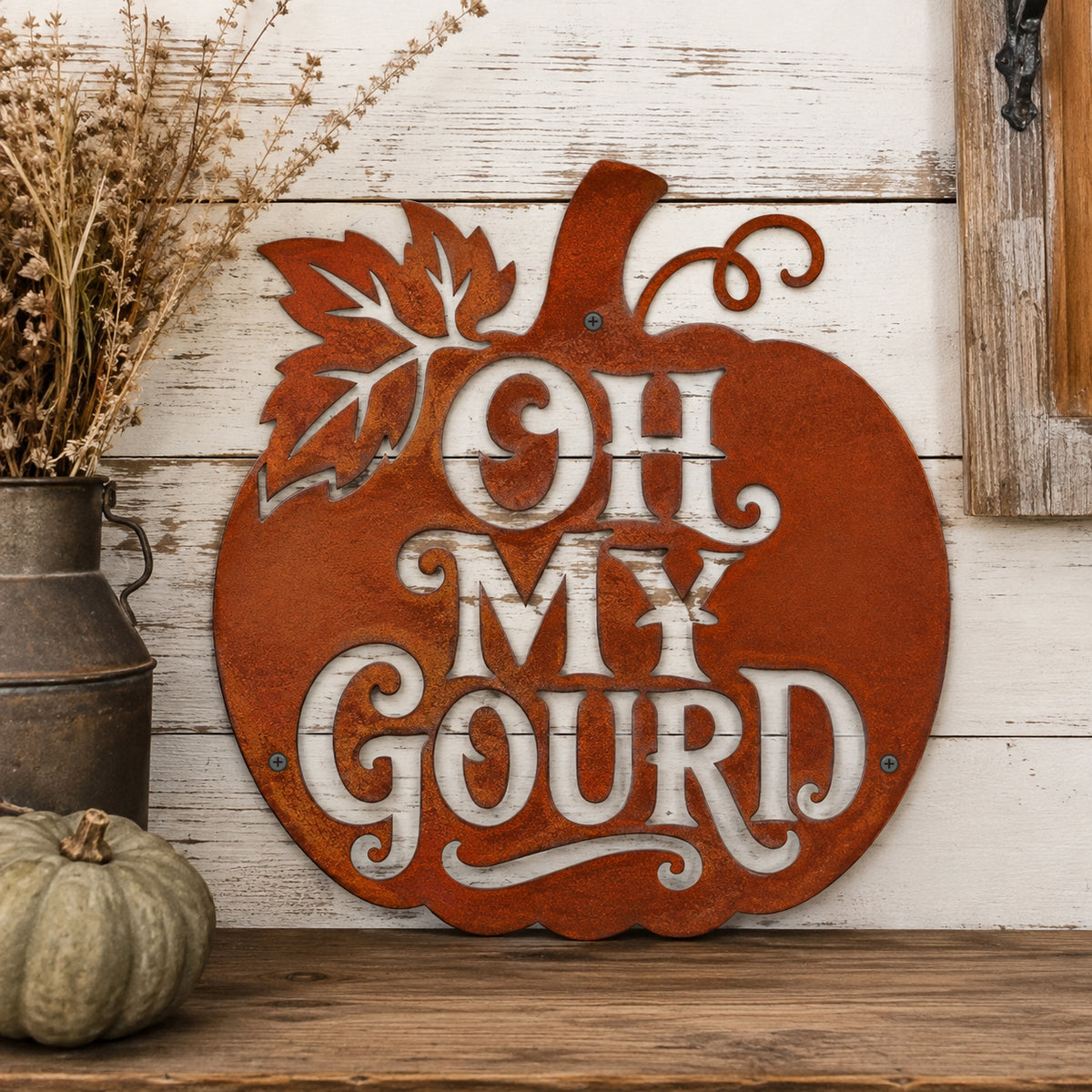 Rustic Metal Sign "Oh My Gourd" Pumpkin Fall Halloween Decor