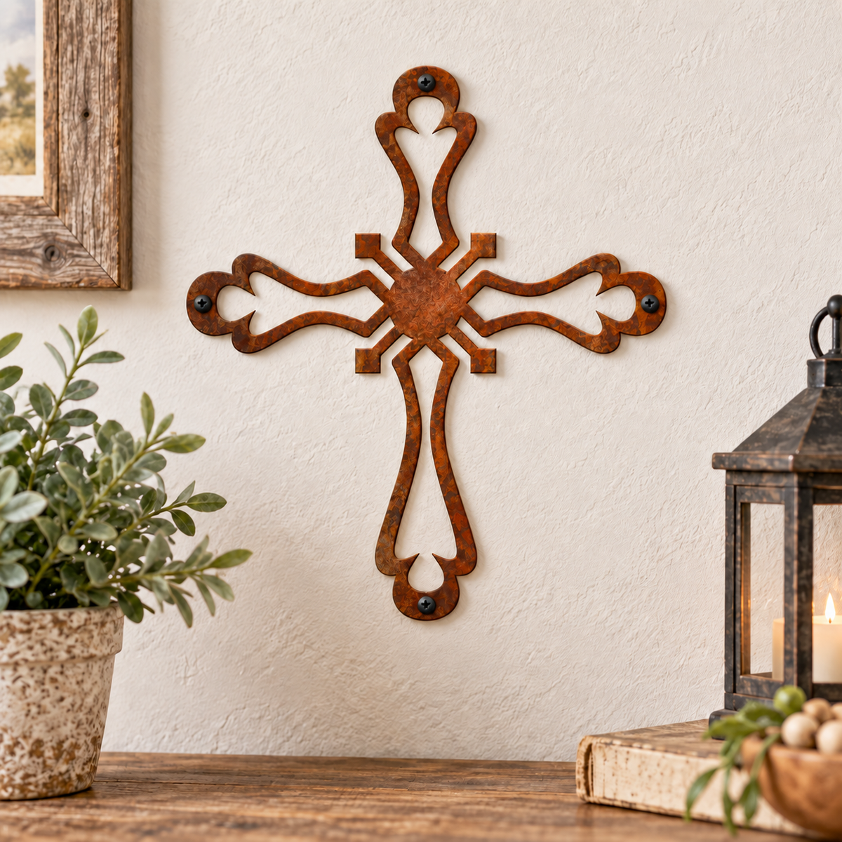 Rustic Metal Small Ornamental Wall Cross Five