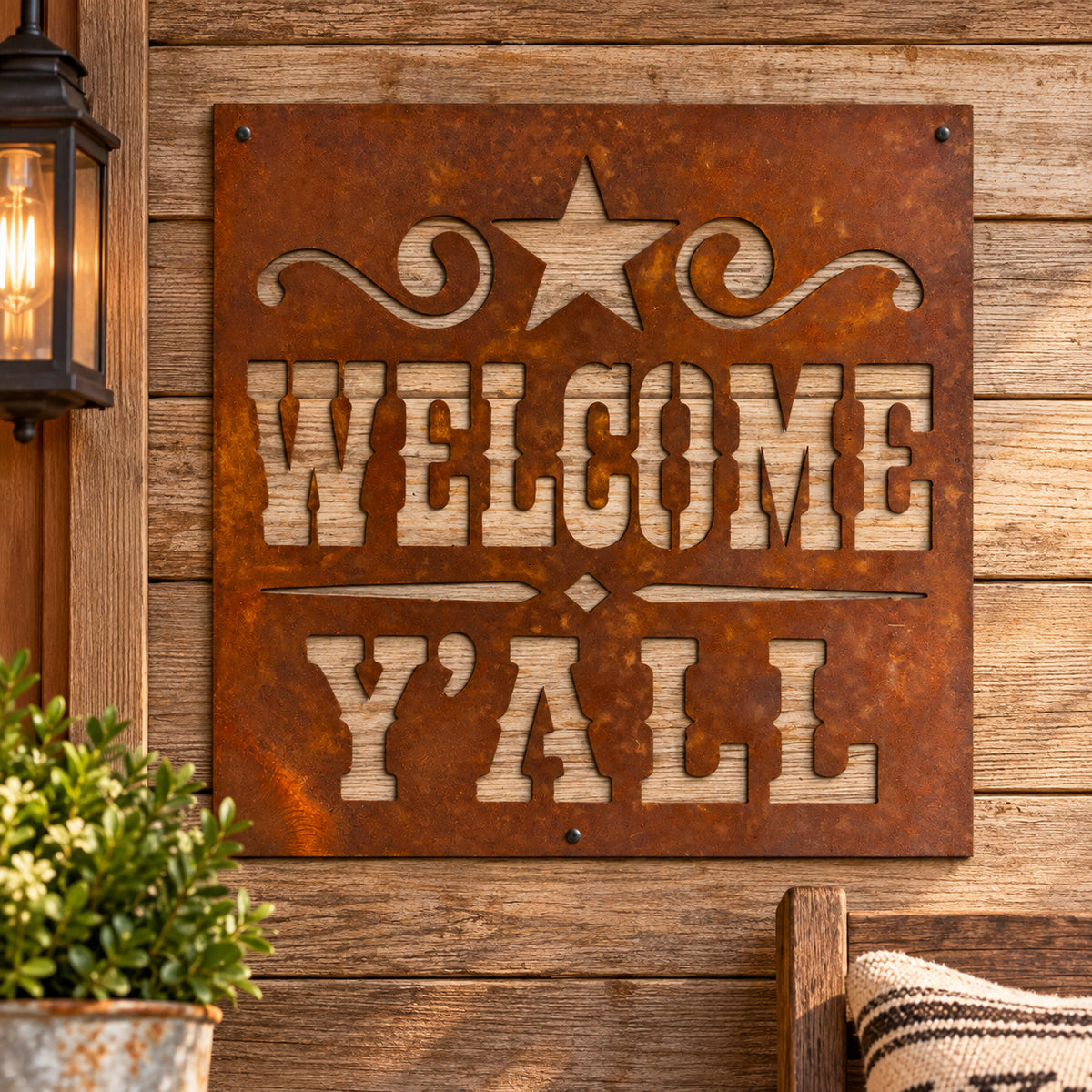 Rustic Metal "Welcome Y'all" Sign – Western Porch & Farmhouse Decor