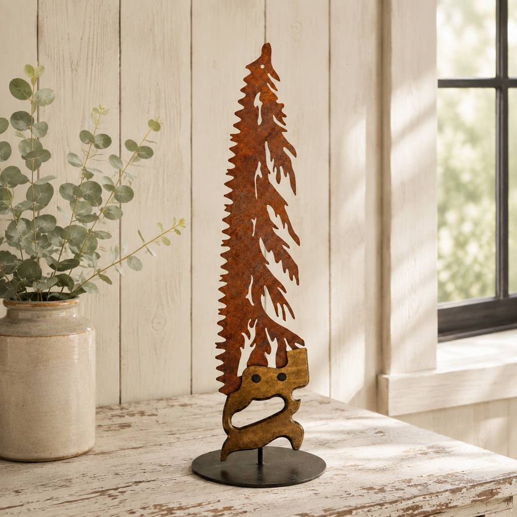 Rustic Metal Handsaw Tree Right Facing with Metal Stand