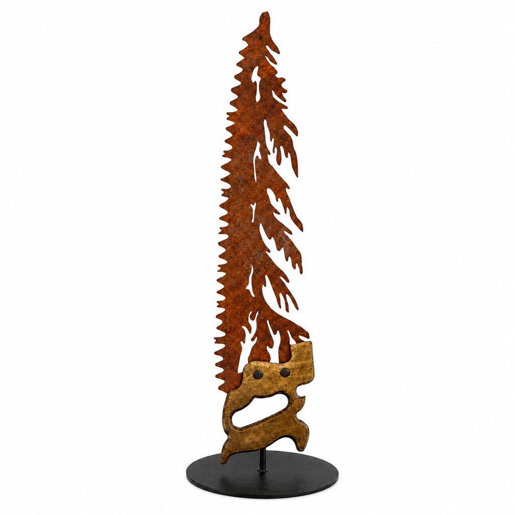 Rustic Metal Handsaw Tree Right Facing with Metal Stand