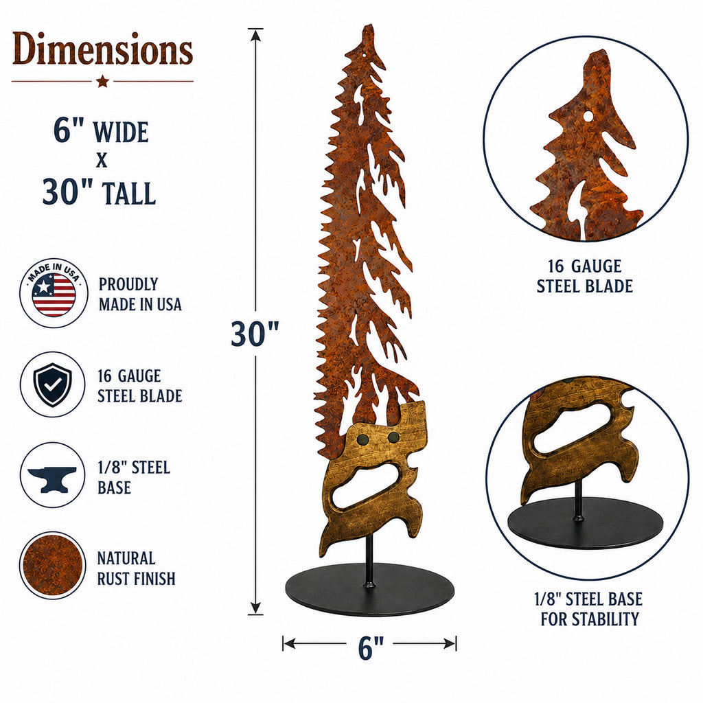 Rustic Metal Handsaw Tree Right Facing with Metal Stand