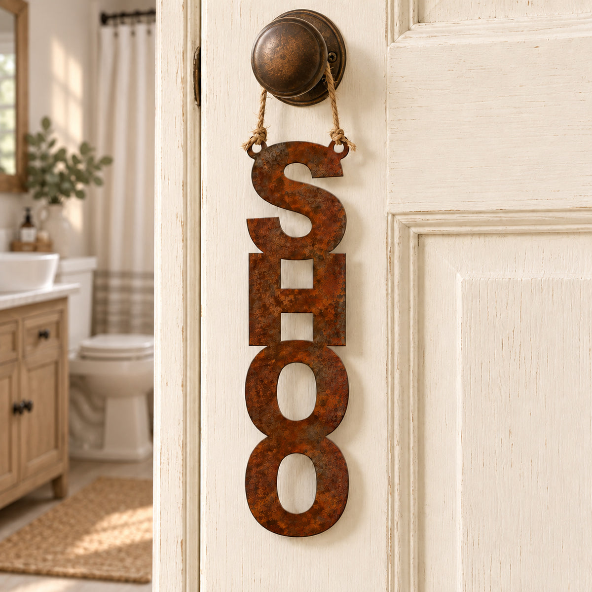 Rustic Metal Door Hanger "Shoo" with 6" Jute String