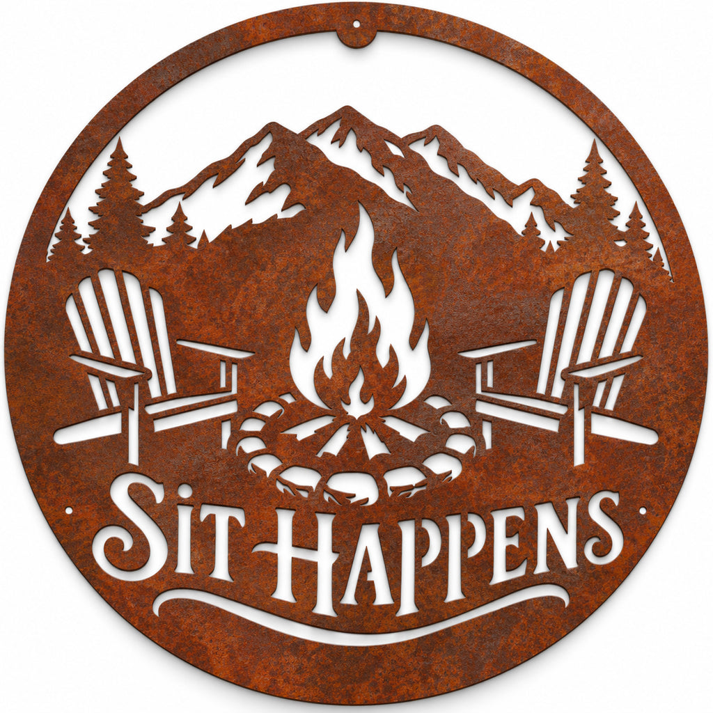 Rustic Metal Sign "Sit Happens" with Campfire and Mountain Wall Decor