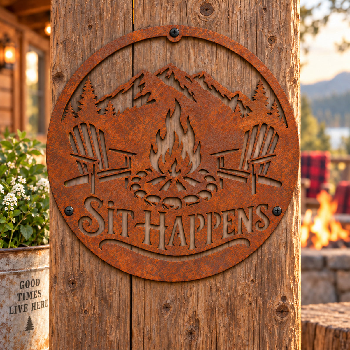 Rustic Metal Sign "Sit Happens" with Campfire and Mountain Wall Decor