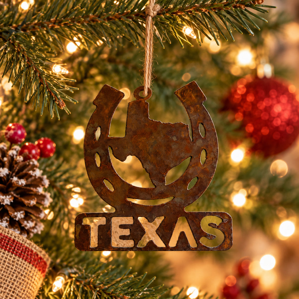 Rustic Metal Texas Horseshoe Ornament | Rustic Metal Texas Christmas Decor
