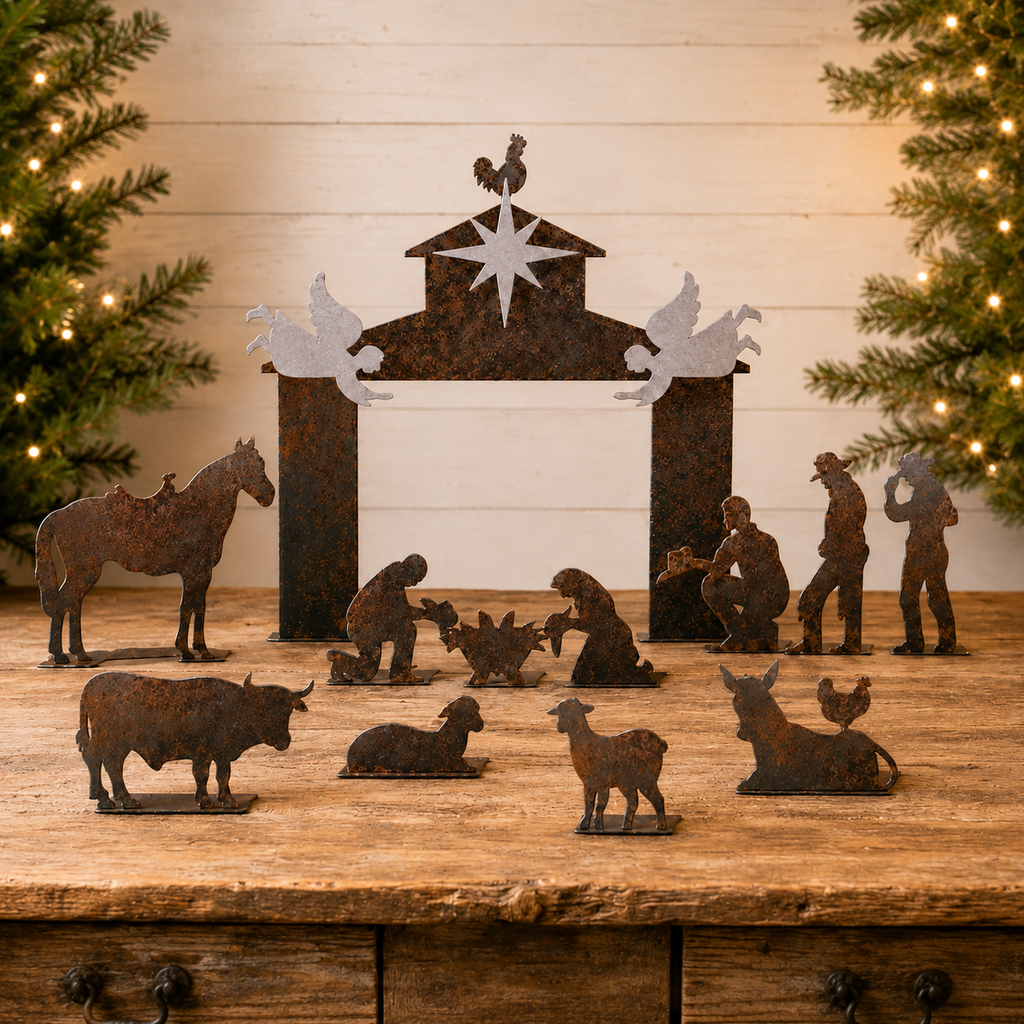 Rustic Metal Cowboy Western Christmas Nativity Set