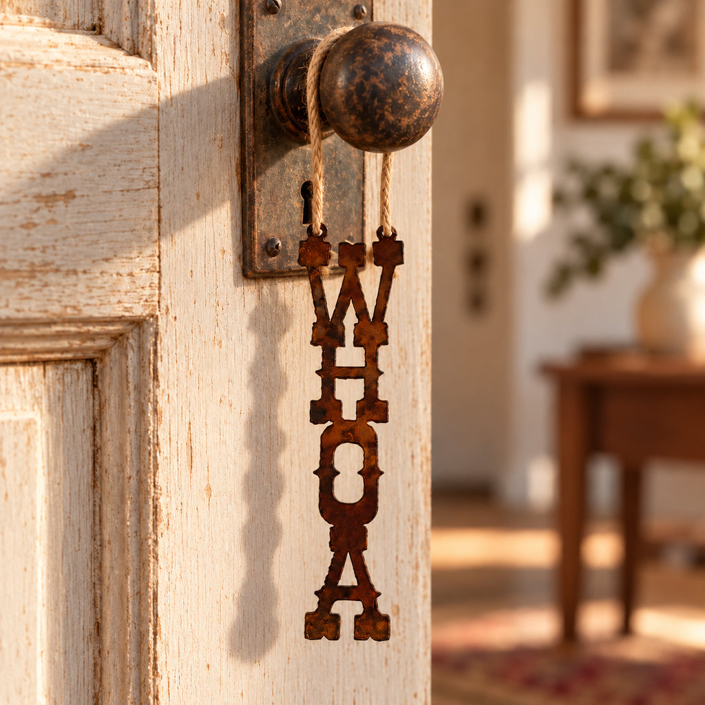 Rustic Metal "Whoa" Door Hanger with 6" Jute String